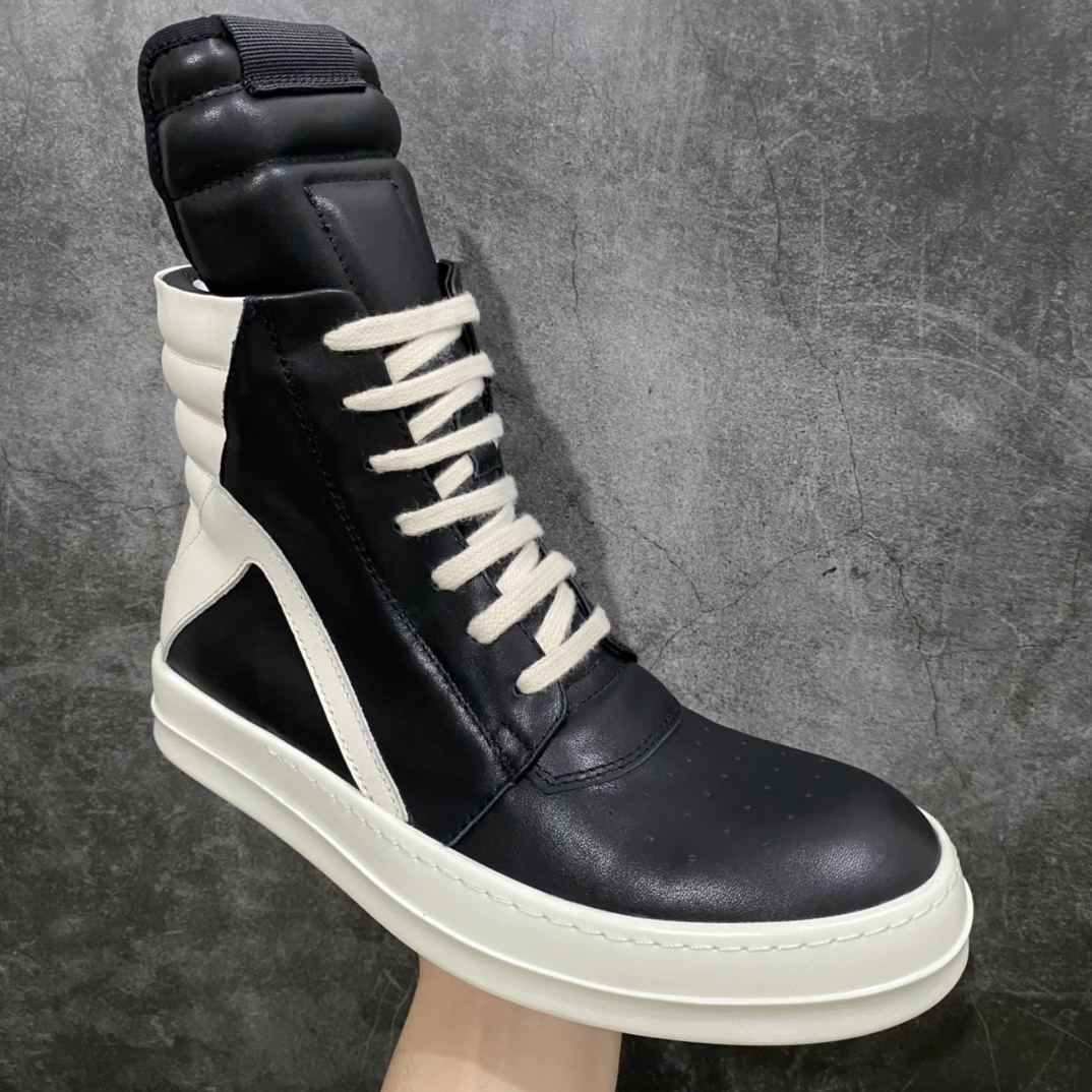 Rick Owens Genbasket leather high-top lace-up fashionable sneakers made in Dongguan, white and black