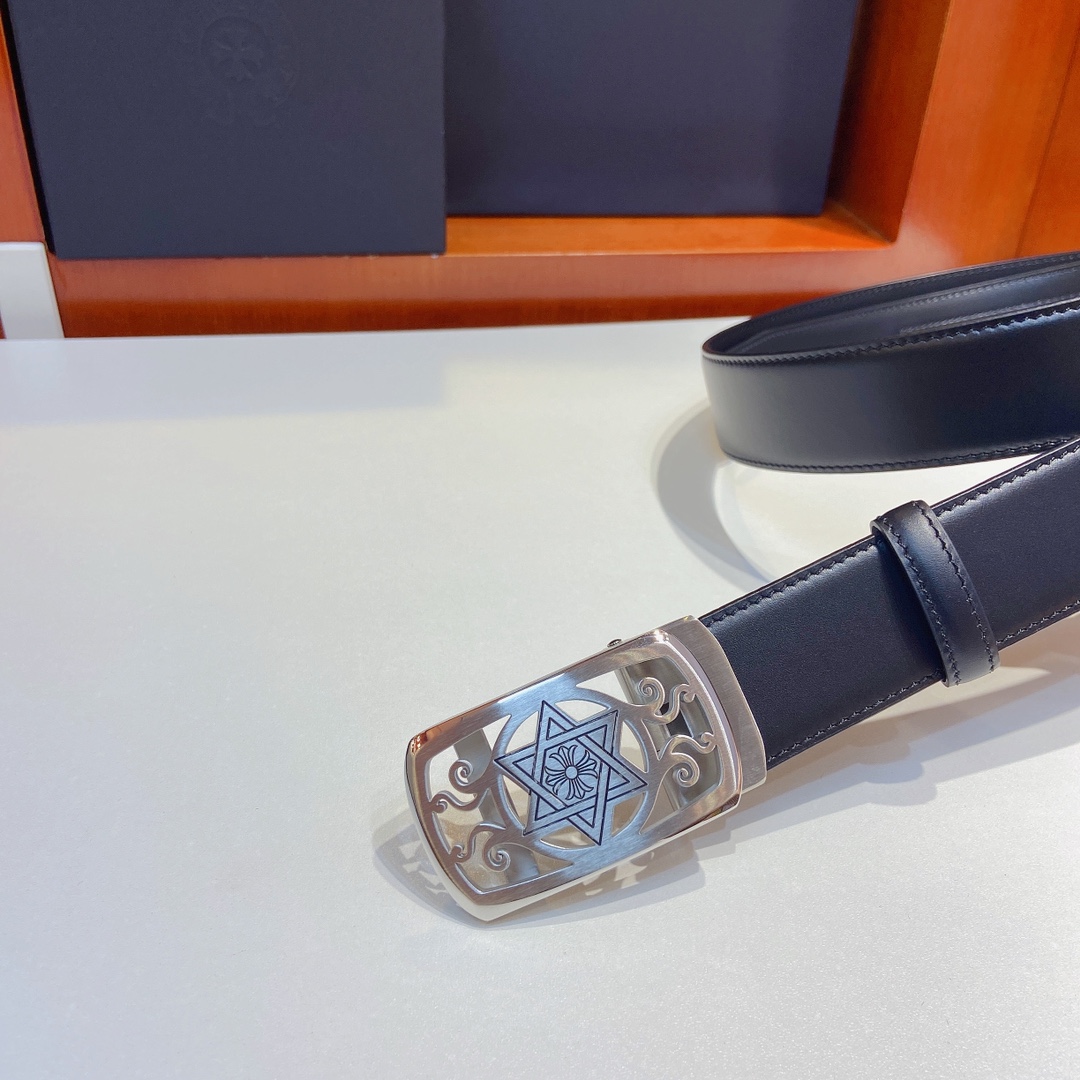 克罗心精钢五金自动扣搭配头层牛皮带身