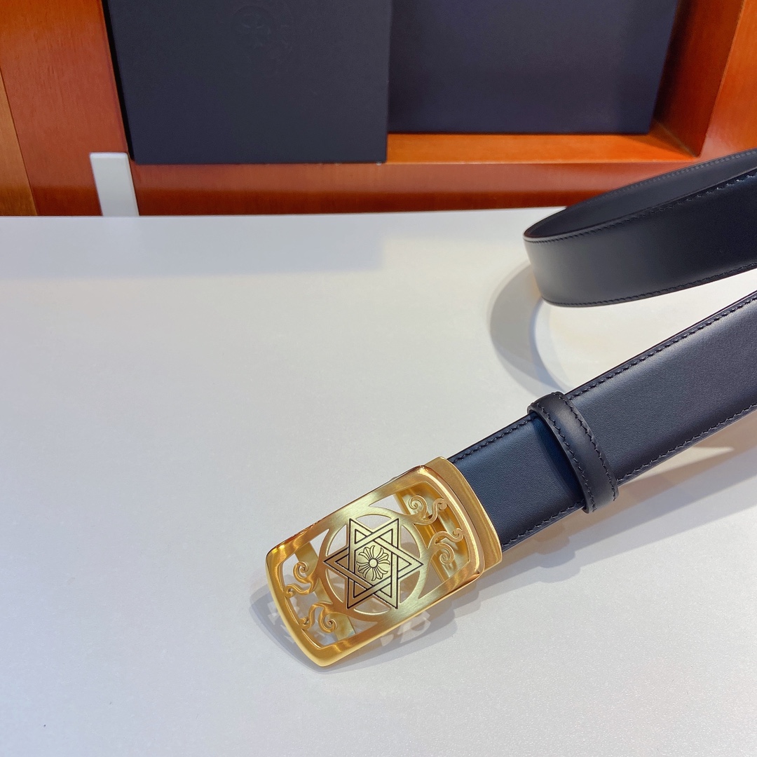 克罗心精钢五金自动扣搭配头层牛皮带身