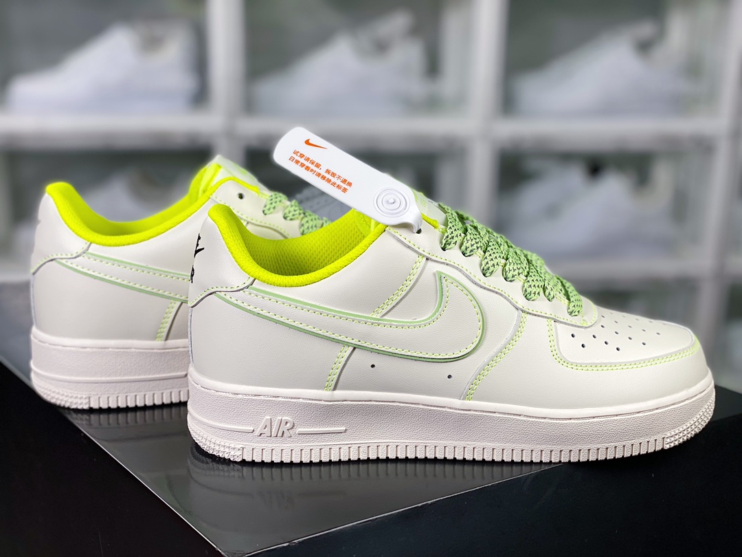 Air Force 1 '07 Low Leather ”White/Vlot Static” Air Force One classic low-top sneakers ”leather” ”off-white fluorescent green 3M reflective” 315122-909