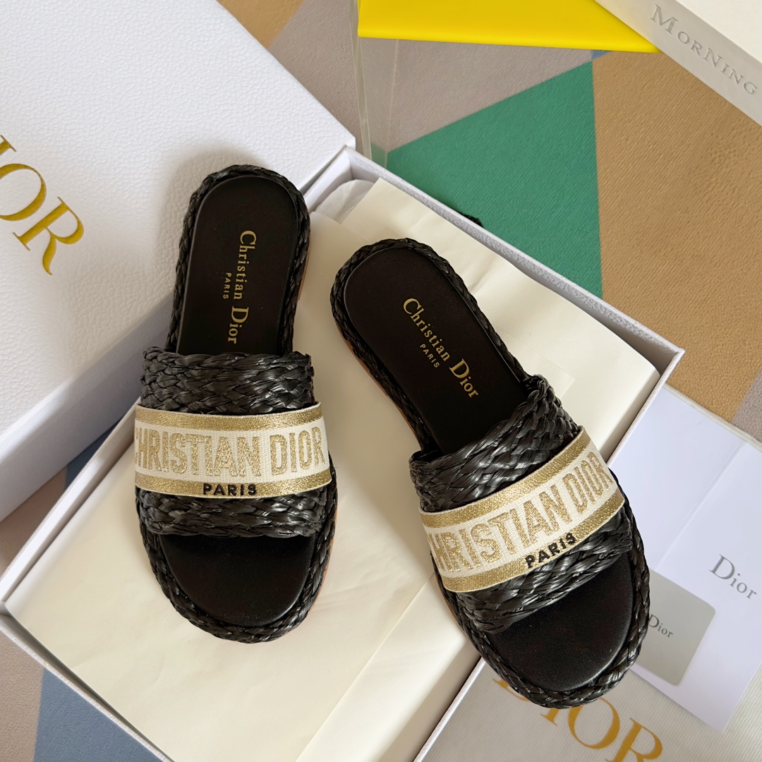 DIOR-Dior 2023ss New Dway Collection [Flat] Straw Woven Embroidered Slippers Sandal Mop Wide Strap M