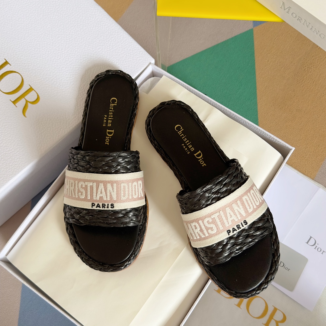 DIOR-Dior 2023ss New Dway Collection [Flat] Straw Woven Embroidered Slippers Sandal Mop Wide Strap M