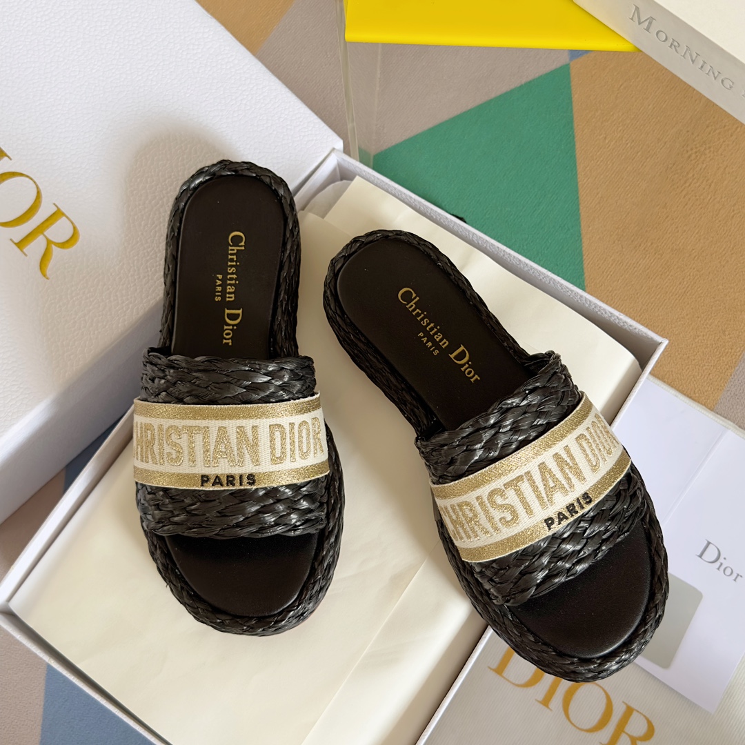 DIOR-Dior 2023ss Nueva Colección Dway [Fondo Grueso] Paja Tejido Bordado Chanclas Sandalia Mopa Corr