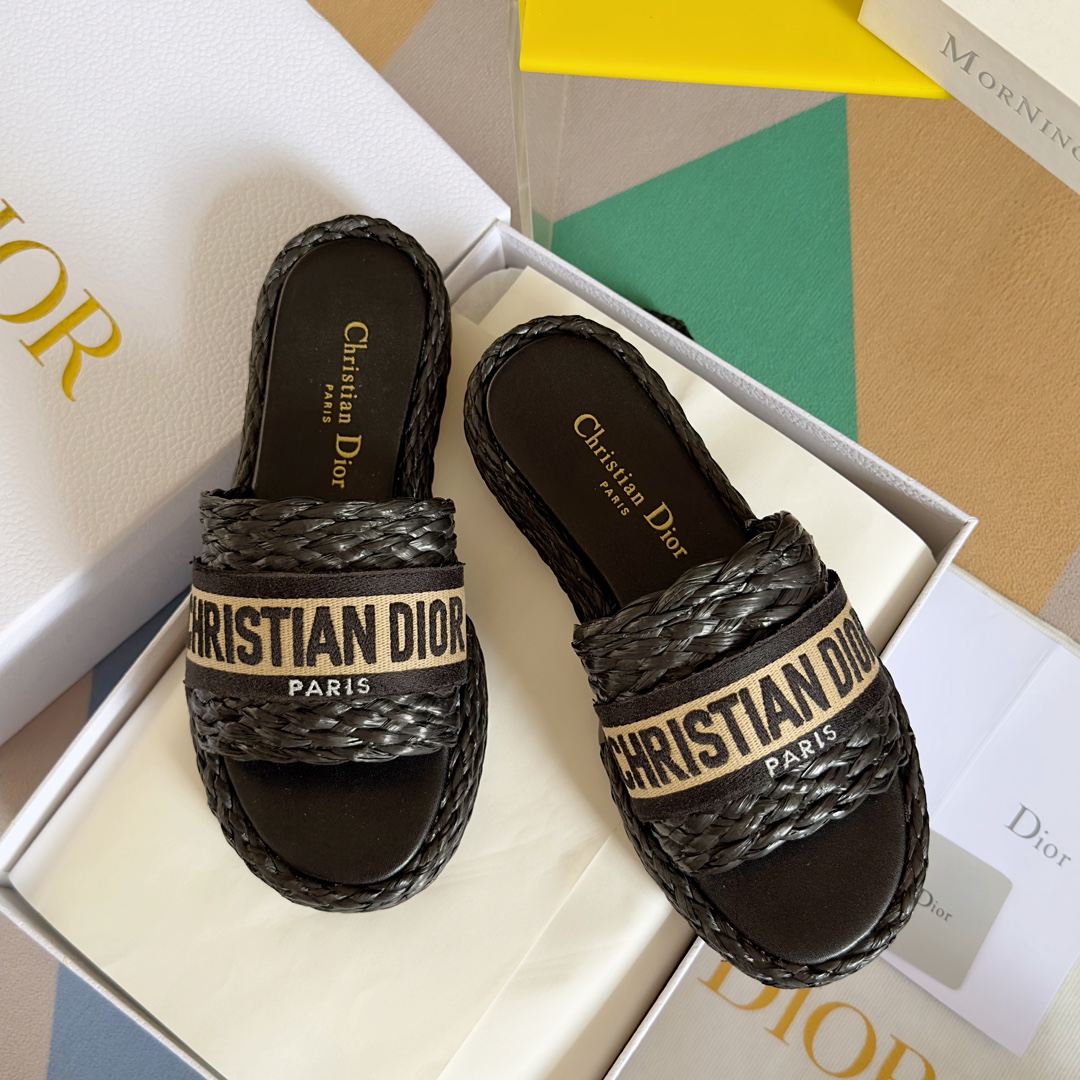 DIOR-Dior 2023ss Nueva Colección Dway [Fondo Grueso] Paja Tejido Bordado Chanclas Sandalia Mopa Corr