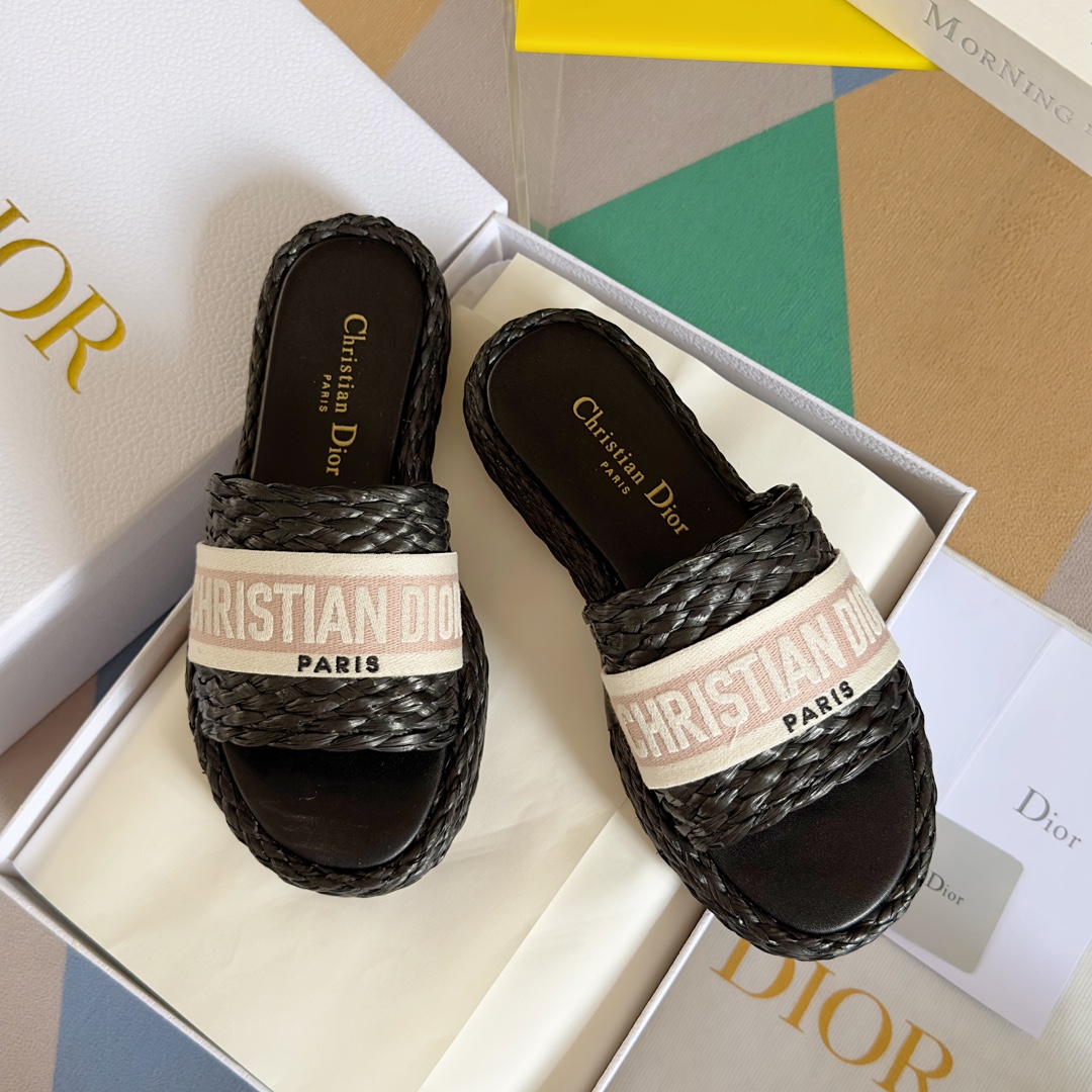 DIOR-Dior 2023ss Nueva Colección Dway [Fondo Grueso] Paja Tejido Bordado Chanclas Sandalia Mopa Corr