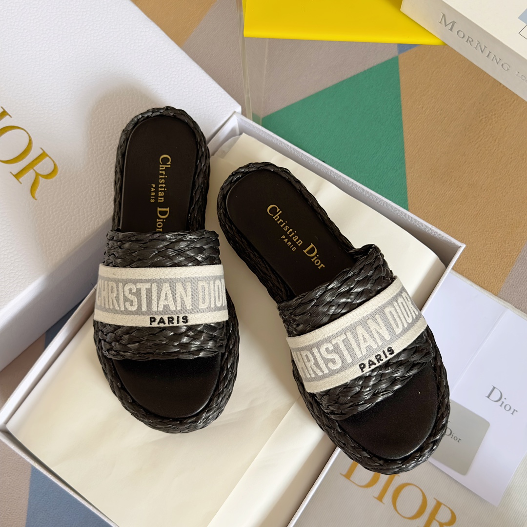DIOR-Dior 2023ss Nueva Colección Dway [Fondo Grueso] Paja Tejido Bordado Chanclas Sandalia Mopa Corr