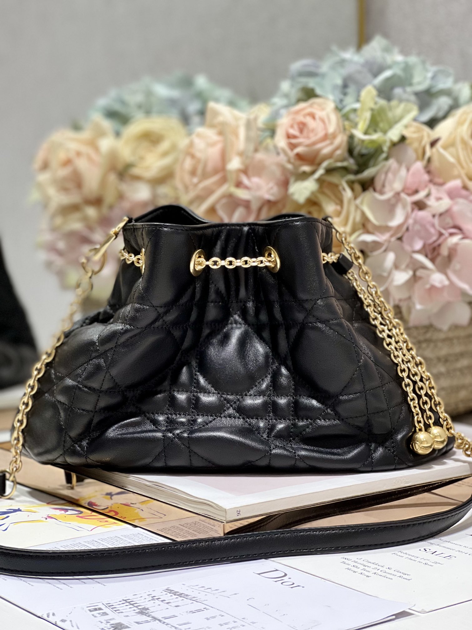 Dior Ammi 手袋 黑色 羊皮革 超大藤格纹 链条肩带 中号