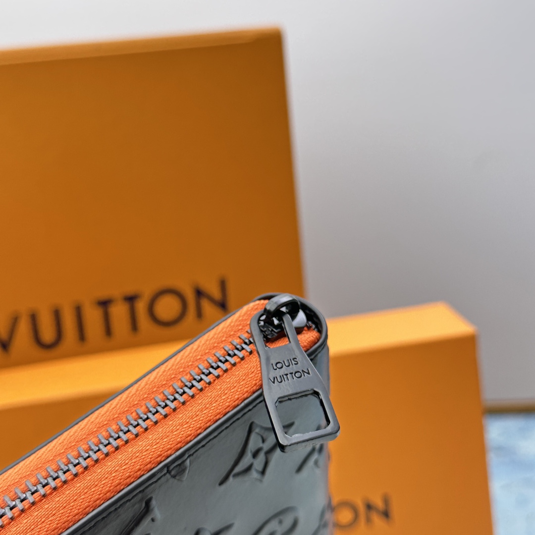 Close-up of the zipper closure on a long leather wallet