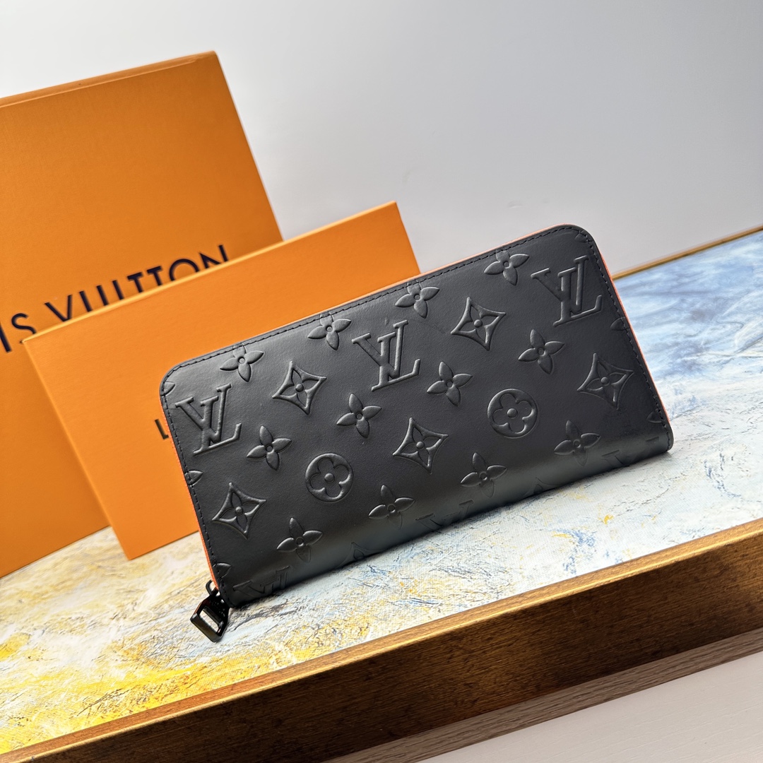 Front view of a premium leather long wallet with a zipper
