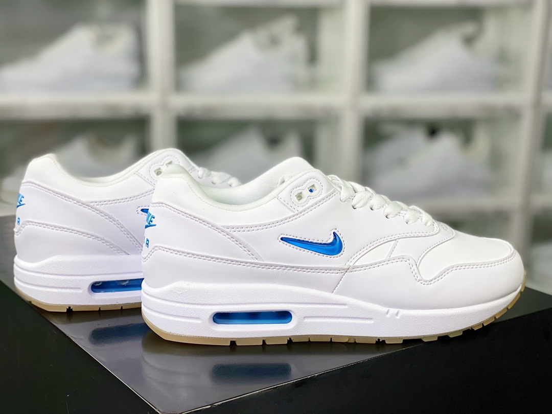 240  Air Max 1 Premium”Jewel/White/Black”初代复古气垫慢跑鞋“皮革蓝白小钩”918354-100