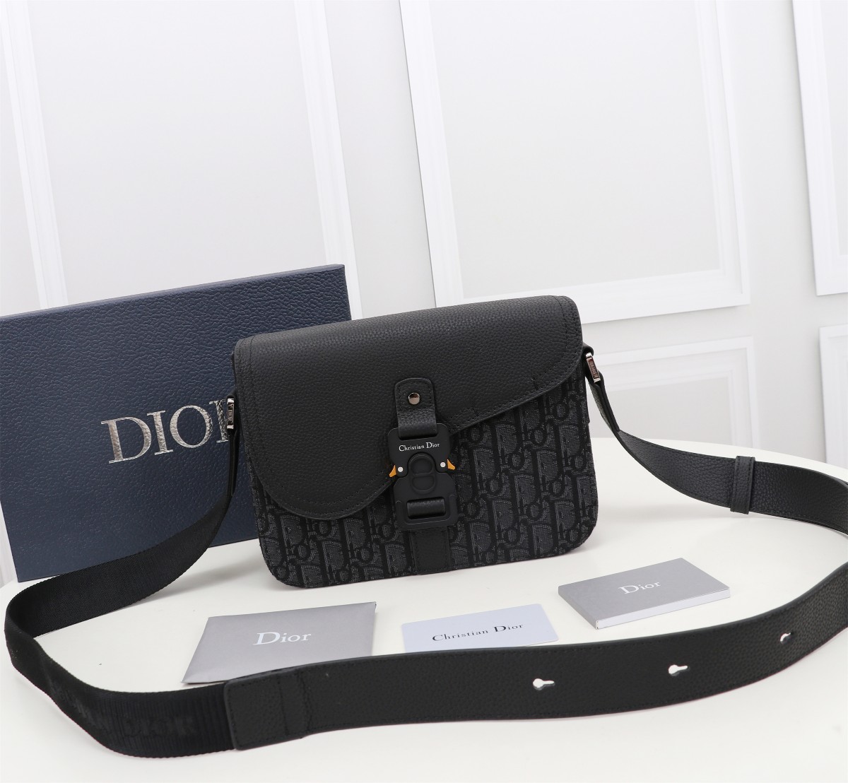 Dior Black Oblique Jacquard & Grained Calfskin Lock Flap Messenger Bag