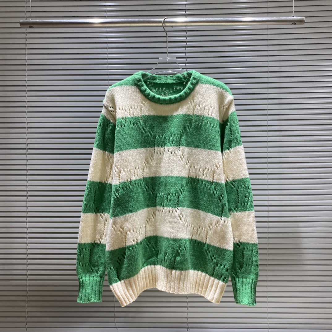 Suéter de cuello redondo con rayas y jacquard de doble G de GU, colores: rojo, verde, tallas: S M L XL XXL