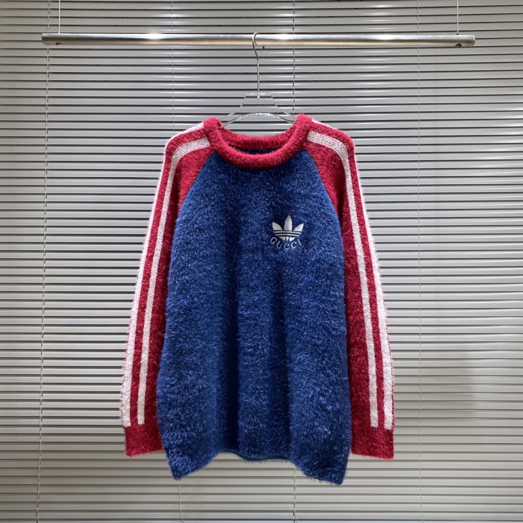 Suéter de cuello redondo con pequeño logo bordado G y trébol GU, color: azul, tallas: S M L XL XXL