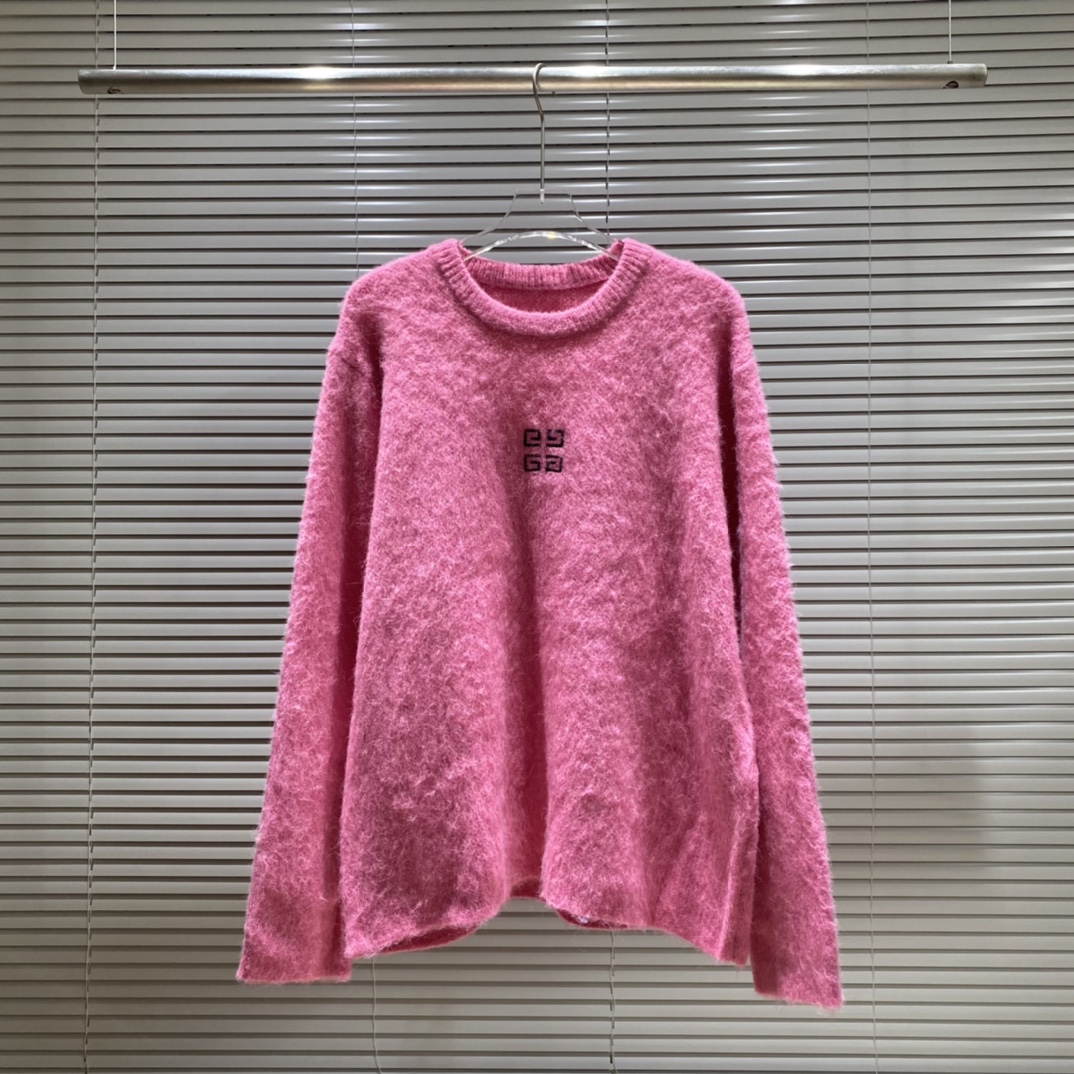 Suéter de cuello redondo de mohair bordado con logo pequeño de rejilla cuadrada GI Color: Rosa Talla: S M L XL XXL