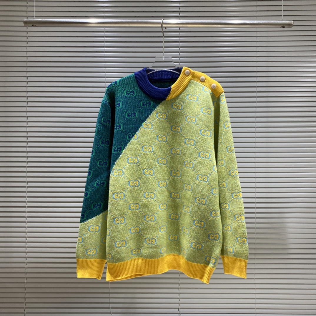 Suéter de cuello redondo con botones de tres colores y estampado pequeño G GU, colores: verde, rojo, blanco, negro, tal…