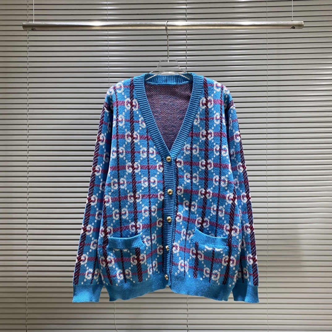 Suéter de punto con patrón de cuadros GU, color: azul, tallas: S M L XL XXL