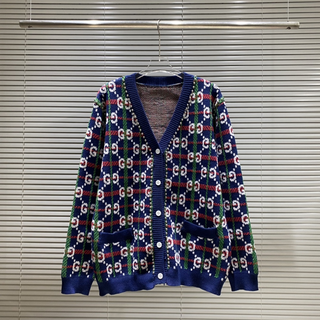 Suéter de punto con patrón de cuadros y tachuelas GU, color: azul, tallas: S M L XL XXL