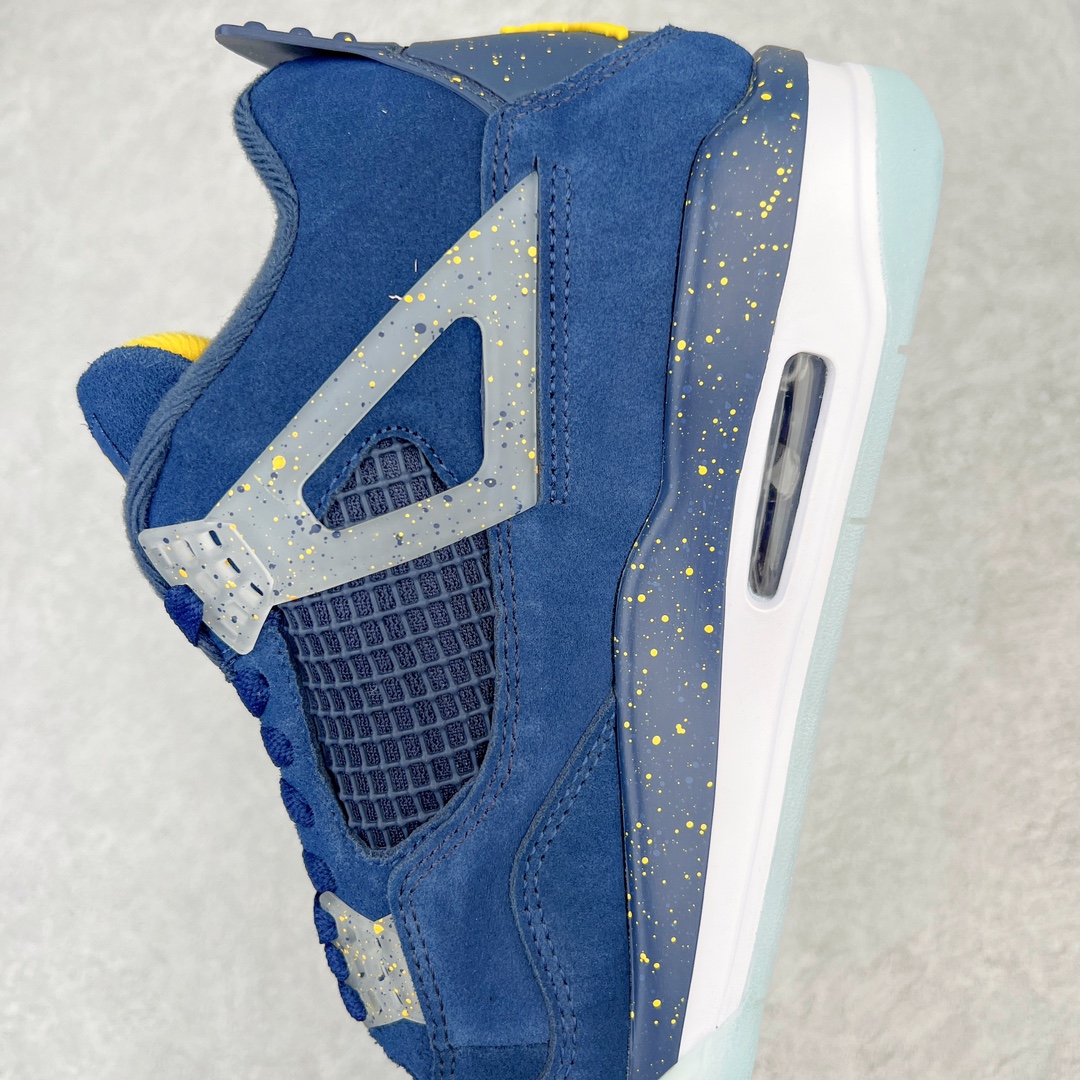 图片[7]-💰130 ＃PB版 福利特价‼Air Jordan AJ4 Retro PE 密歇根大学限定蓝黄 耗时半年巨作 40余配色陆续出货 全套原纸板楦头开发 调试30余版 确保原汁原味完美呈现四代版型 一比一鞋头弧度高度趴度鞋身弧度 此版本只针对中端市场 皮料材质有所更替 其他数据细节工艺流程均保持公司一致 细节品控鞋型随意秒杀市面3XX 4XX 原厂TPU网格鞋带扣 正确内里网布 菱角分明不变形无多余毛边 柔软性质感一致于原鞋 原厂织唛标 原厂飞人电绣工艺 独家绑鞋带手法 印刷中底布 四线拉帮 米色美纹纸贴合固定 进口港宝加持 后跟自然饱满 全鞋荧光划线卡点 追求极致完美 每一双都是工艺品 多重QC质检 超越公司货的品控标准 实实在在的免检产品 尺码：40 40.5 41 42 42.5 43 44 44.5 45 46 47.5 编码：by2936000-运动鞋