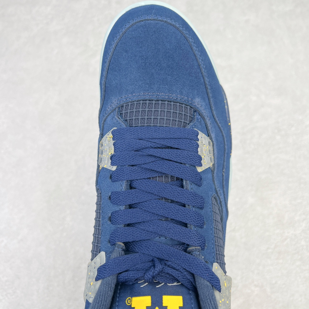 图片[4]-💰130 ＃PB版 福利特价‼Air Jordan AJ4 Retro PE 密歇根大学限定蓝黄 耗时半年巨作 40余配色陆续出货 全套原纸板楦头开发 调试30余版 确保原汁原味完美呈现四代版型 一比一鞋头弧度高度趴度鞋身弧度 此版本只针对中端市场 皮料材质有所更替 其他数据细节工艺流程均保持公司一致 细节品控鞋型随意秒杀市面3XX 4XX 原厂TPU网格鞋带扣 正确内里网布 菱角分明不变形无多余毛边 柔软性质感一致于原鞋 原厂织唛标 原厂飞人电绣工艺 独家绑鞋带手法 印刷中底布 四线拉帮 米色美纹纸贴合固定 进口港宝加持 后跟自然饱满 全鞋荧光划线卡点 追求极致完美 每一双都是工艺品 多重QC质检 超越公司货的品控标准 实实在在的免检产品 尺码：40 40.5 41 42 42.5 43 44 44.5 45 46 47.5 编码：by2936000-运动鞋