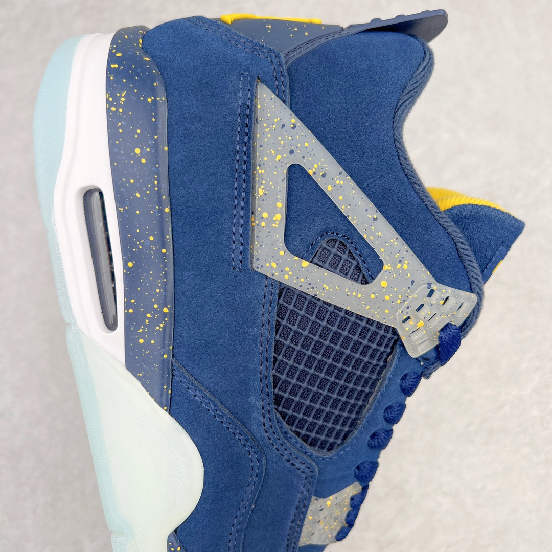 图片[6]-💰130 ＃PB版 福利特价‼Air Jordan AJ4 Retro PE 密歇根大学限定蓝黄 耗时半年巨作 40余配色陆续出货 全套原纸板楦头开发 调试30余版 确保原汁原味完美呈现四代版型 一比一鞋头弧度高度趴度鞋身弧度 此版本只针对中端市场 皮料材质有所更替 其他数据细节工艺流程均保持公司一致 细节品控鞋型随意秒杀市面3XX 4XX 原厂TPU网格鞋带扣 正确内里网布 菱角分明不变形无多余毛边 柔软性质感一致于原鞋 原厂织唛标 原厂飞人电绣工艺 独家绑鞋带手法 印刷中底布 四线拉帮 米色美纹纸贴合固定 进口港宝加持 后跟自然饱满 全鞋荧光划线卡点 追求极致完美 每一双都是工艺品 多重QC质检 超越公司货的品控标准 实实在在的免检产品 尺码：40 40.5 41 42 42.5 43 44 44.5 45 46 47.5 编码：by2936000-运动鞋