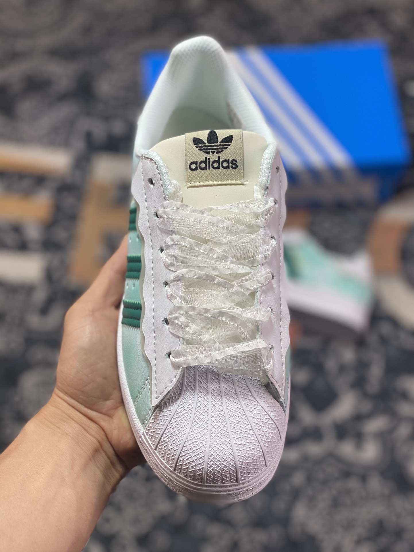 Adidas Originals Superstar ”Sail/Green/Lace” shell toe series low-top sneakers ”off-white green lace ice cream ribbon” GW4441