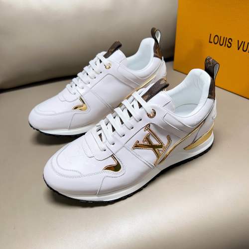 Louis Vuitton White Leather Sneakers with Gold Accent, Unisex Style 1 Louis Vuitton White Leather Sneakers with Gold Accent, Unisex Style