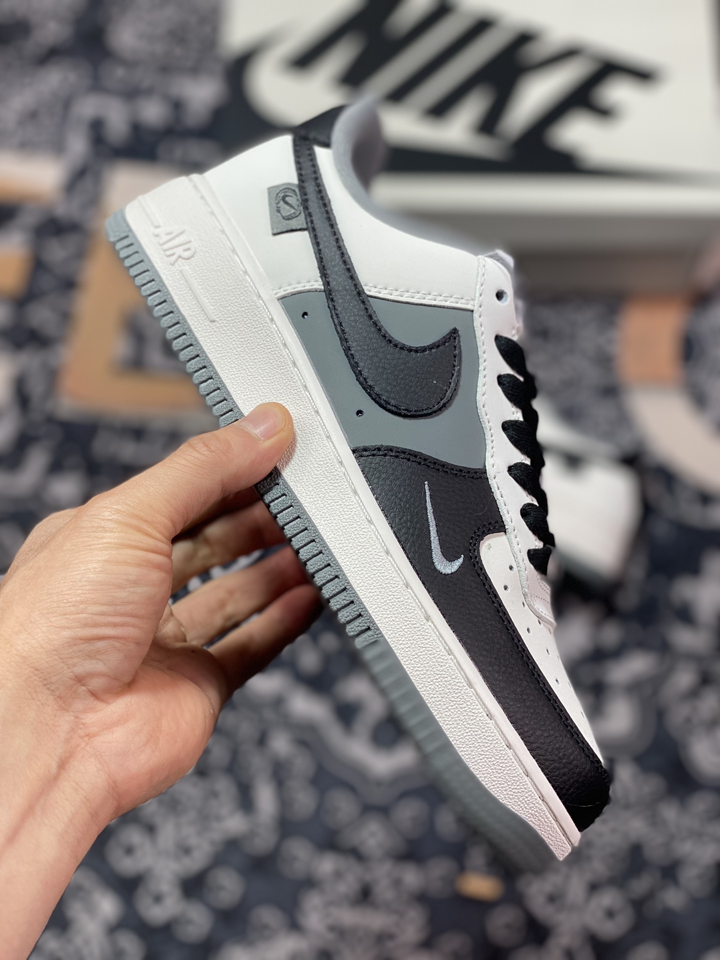 Nike Air Force 1 '07 Low QS ”Black/Sail White/Grey Mini Swoosh” Air Force One Sneakers ”Splicing Black, Rice and Gray Small Swoosh” DB3301-066