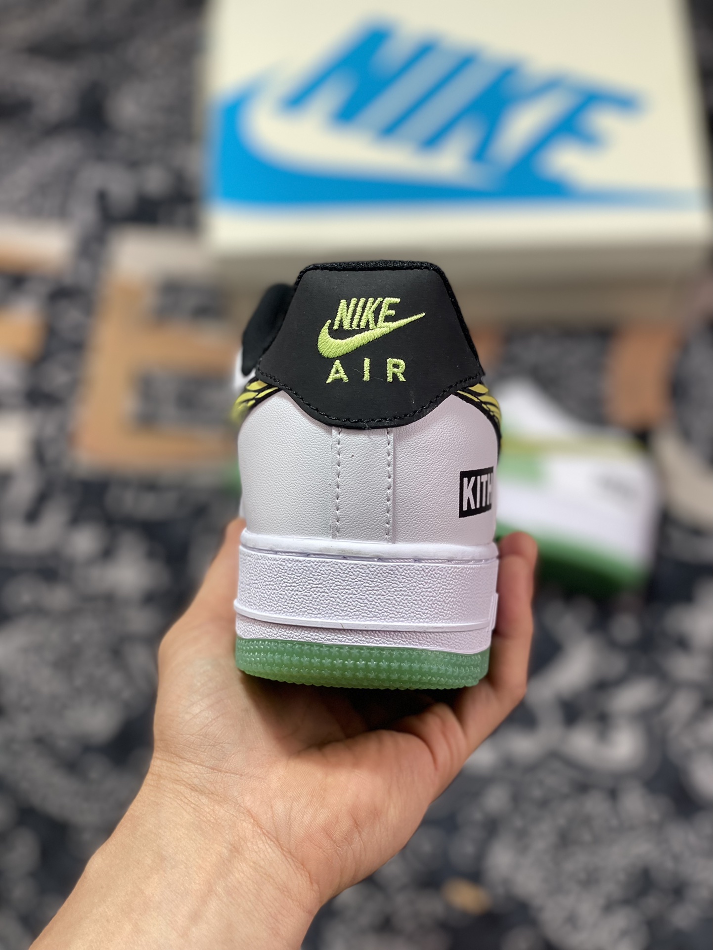 Kith x Nike Air Force 1 '07 Low ”White/Green/Yellow” Air Force One sneakers ”leather white light green black and yellow zebra pattern” BS9055-827