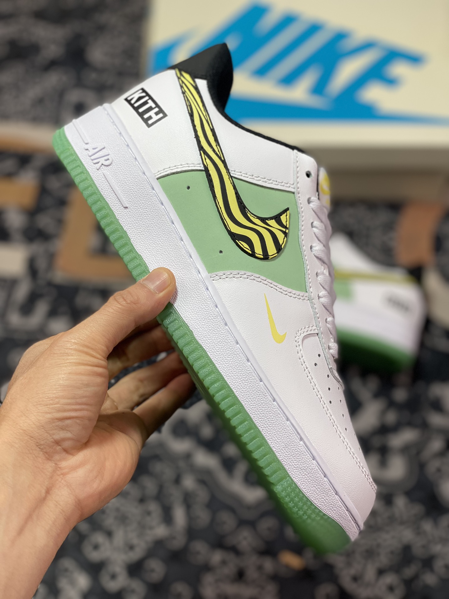 Kith x Nike Air Force 1 '07 Low ”White/Green/Yellow” Air Force One sneakers ”leather white light green black and yellow zebra pattern” BS9055-827