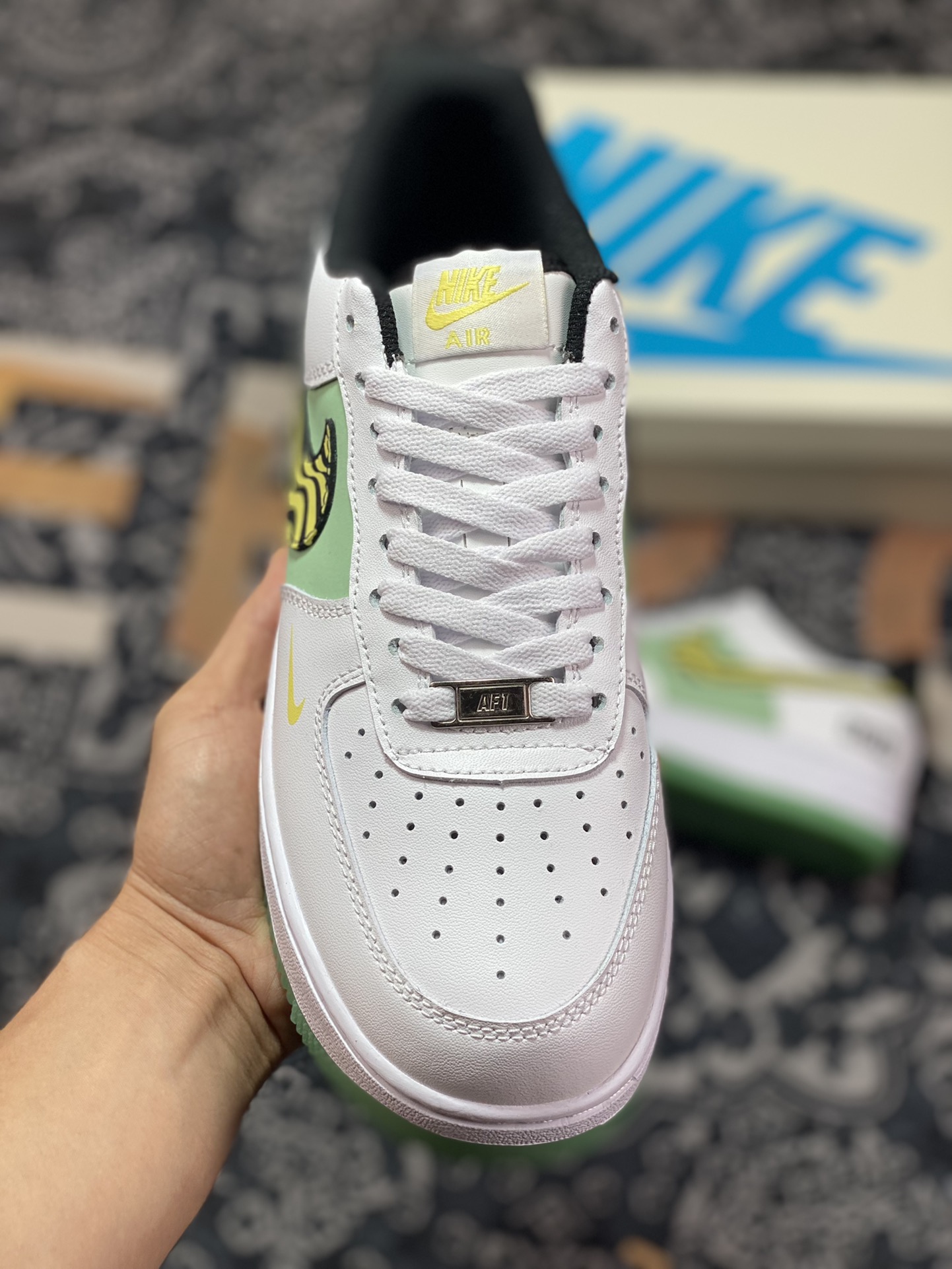 Kith x Nike Air Force 1 '07 Low ”White/Green/Yellow” Air Force One sneakers ”leather white light green black and yellow zebra pattern” BS9055-827