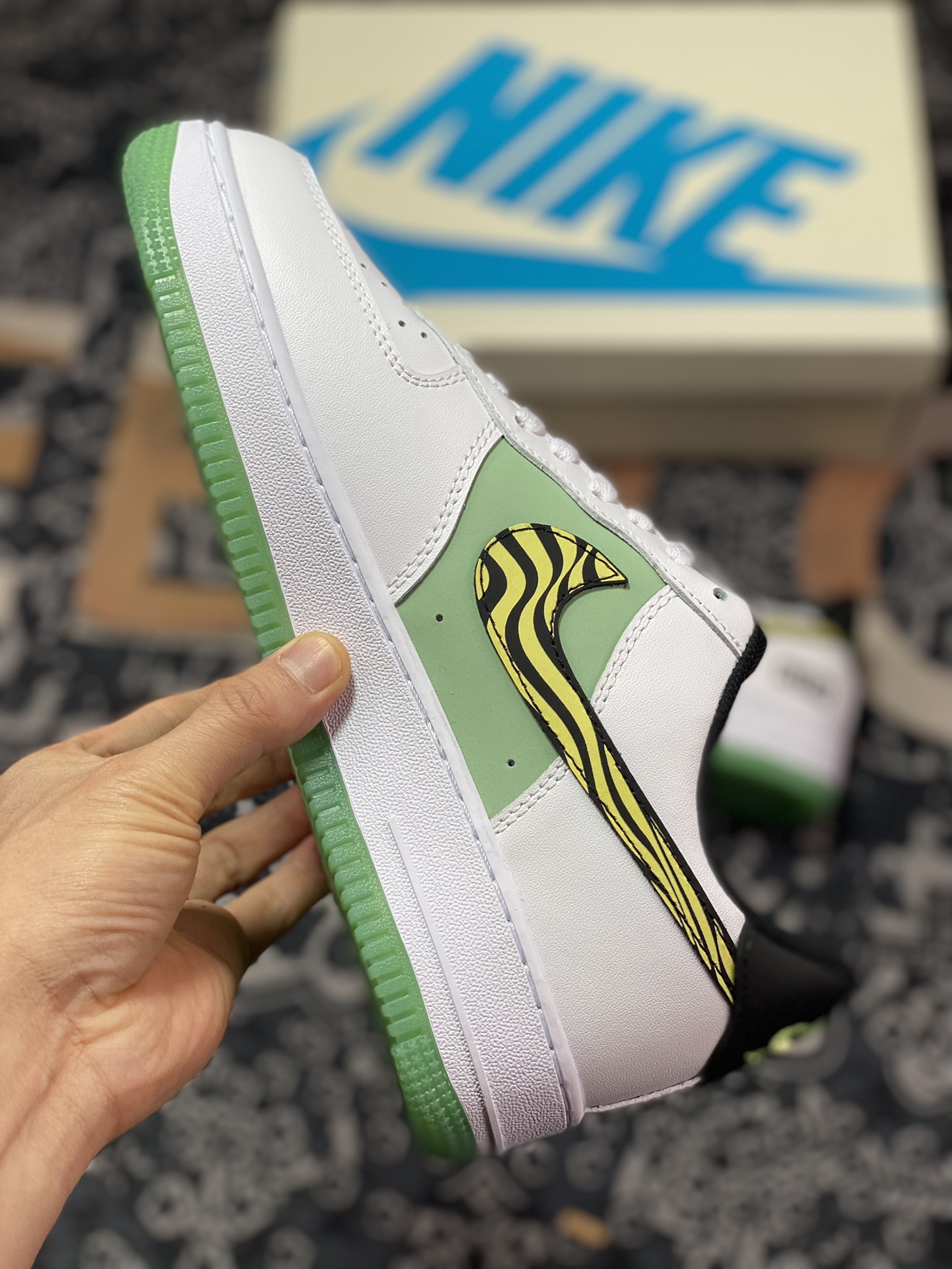 Kith x Nike Air Force 1 '07 Low ”White/Green/Yellow” Air Force One sneakers ”leather white light green black and yellow zebra pattern” BS9055-827