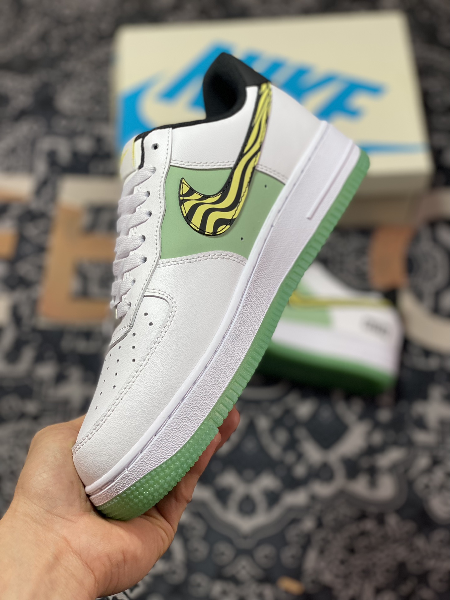 Kith x Nike Air Force 1 '07 Low ”White/Green/Yellow” Air Force One sneakers ”leather white light green black and yellow zebra pattern” BS9055-827