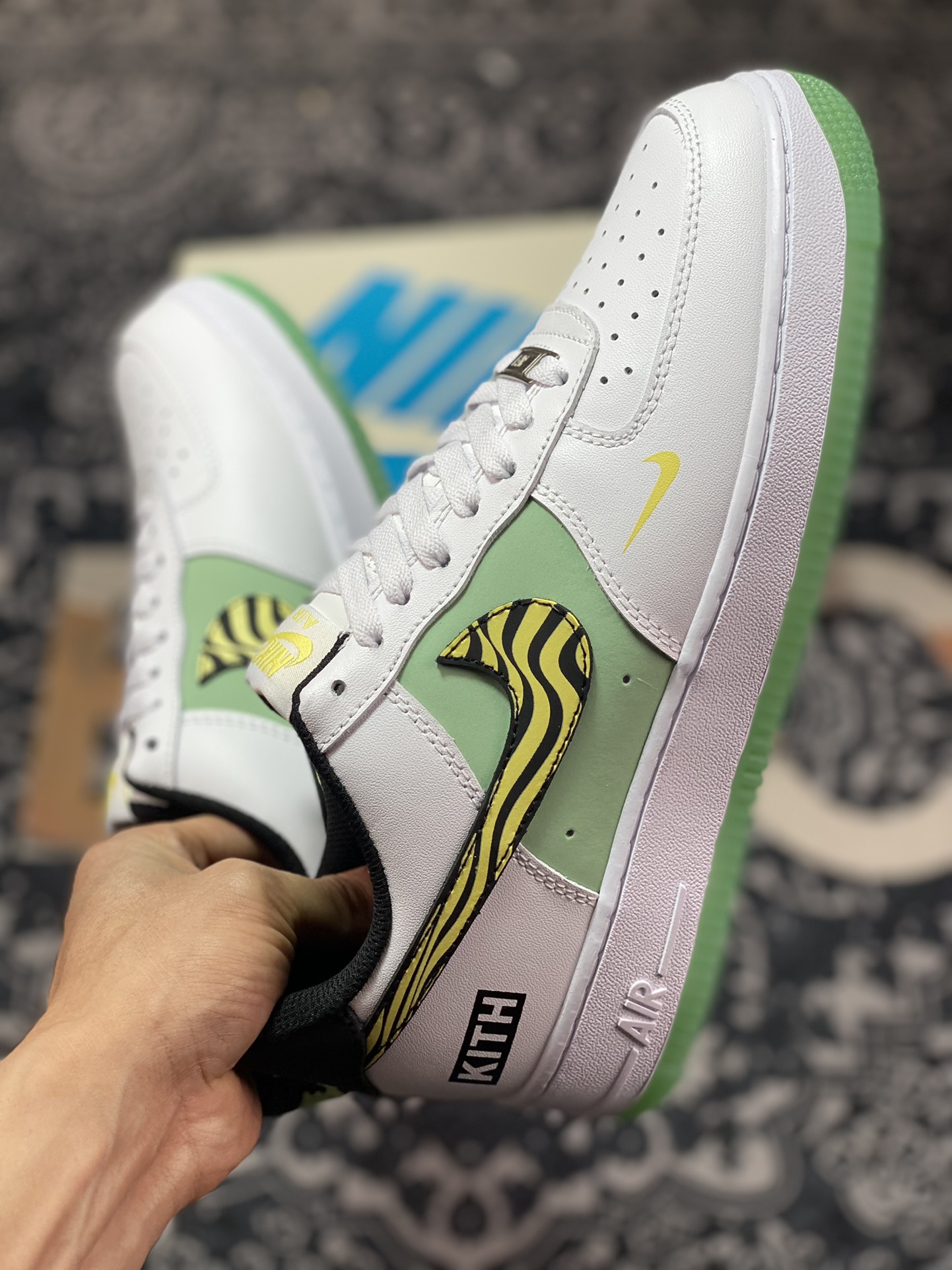 Kith x Nike Air Force 1 '07 Low ”White/Green/Yellow” Air Force One sneakers ”leather white light green black and yellow zebra pattern” BS9055-827