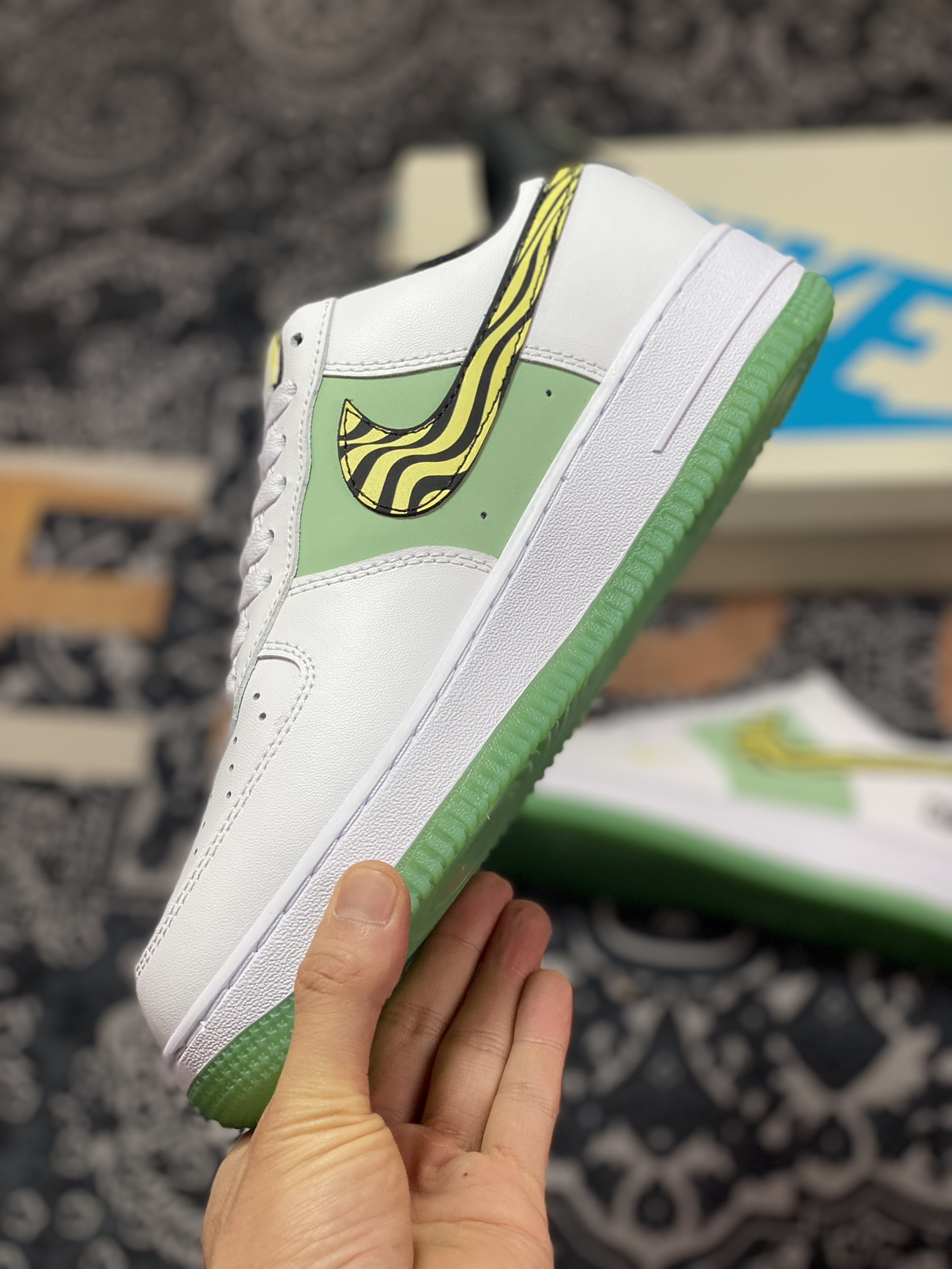 Kith x Nike Air Force 1 '07 Low ”White/Green/Yellow” Air Force One sneakers ”leather white light green black and yellow zebra pattern” BS9055-827