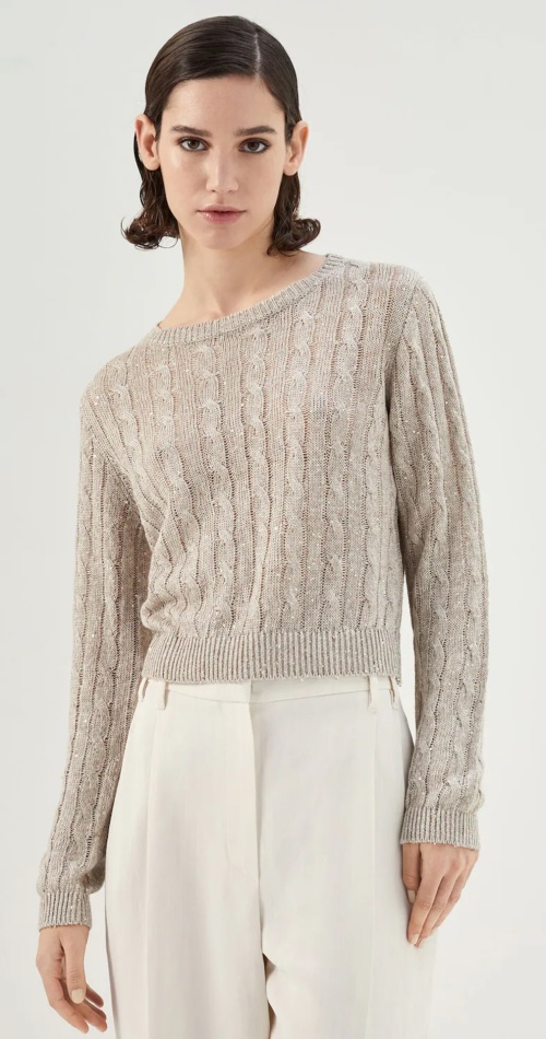 Brunello Cucinelli Sequin Linen Blend Cable Knit Sweater 1 Brunello Cucinelli Sequin Linen Blend Cable Knit Sweater
