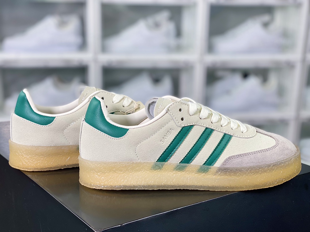 Adidas Originals 8th Street Samba ”Chalk White” Samba Street Series Low-top Sneakers ”Gray and Dark Green Rubber Sole” ID7297