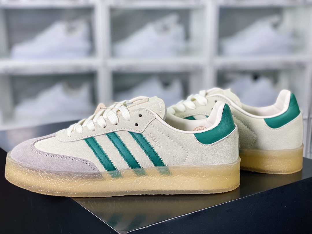 Adidas Originals 8th Street Samba ”Chalk White” Samba Street Series Low-top Sneakers ”Gray and Dark Green Rubber Sole” ID7297