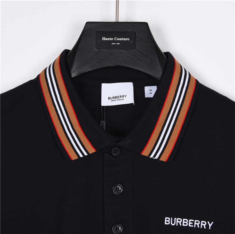 Burberry/巴宝莉 领口经典条纹元素Polo 短袖 藏蓝