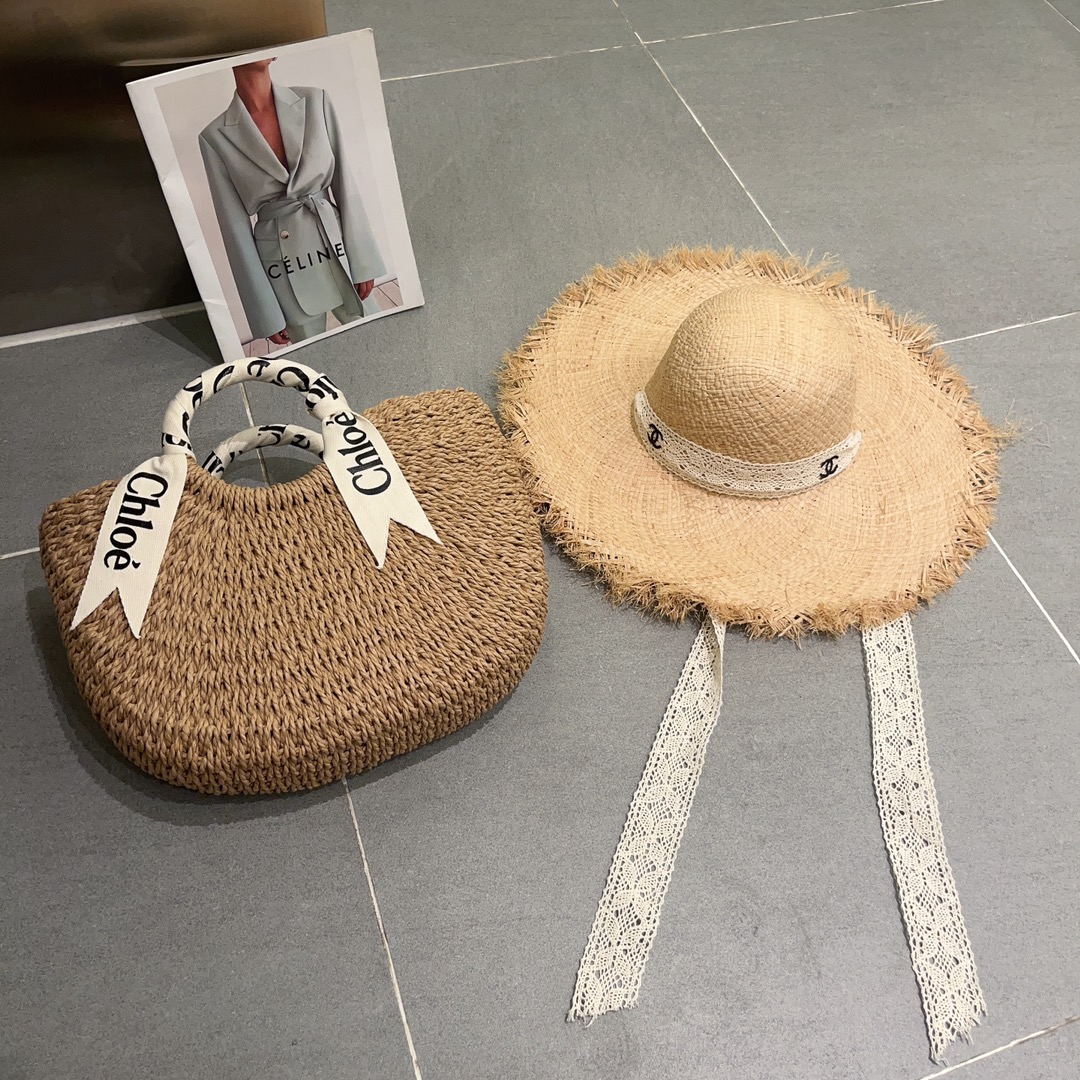 pysdwzChane*香奈儿新款拉菲草帽，沙滩遮阳帽，可折叠，带防风绳，头围57cm