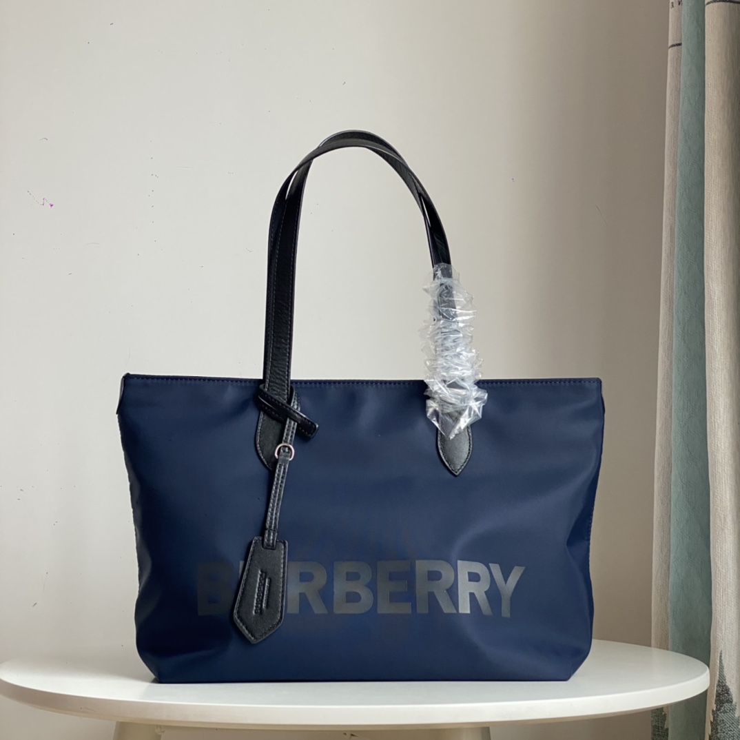 Navy Blue Nylon and Leather Tote Bag - Bag