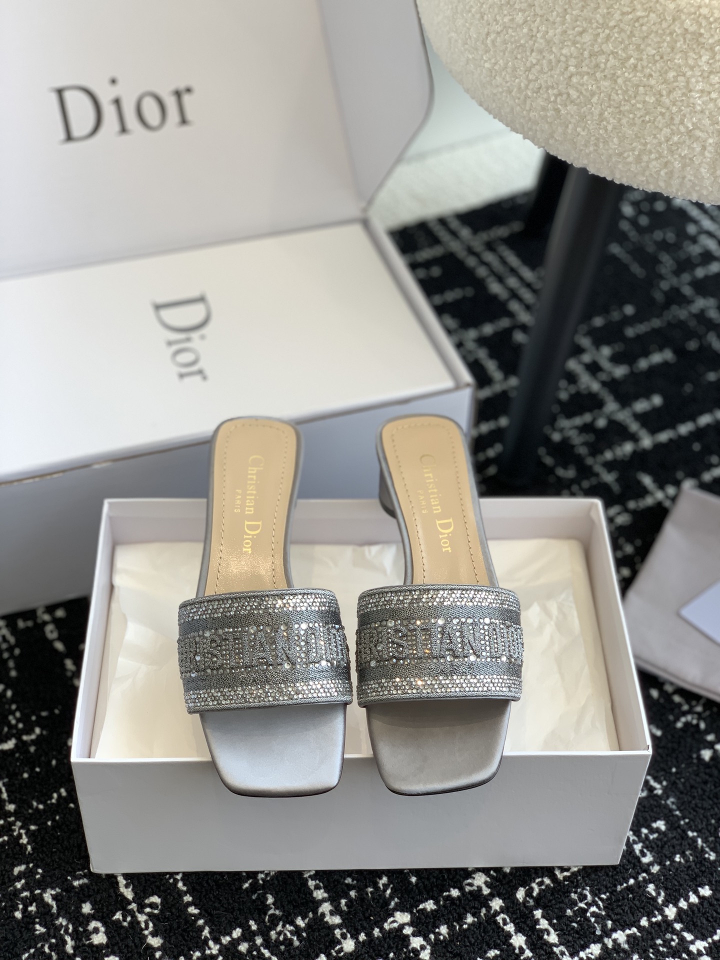 Dior Shoes Slippers Embroidery Genuine Leather Silk