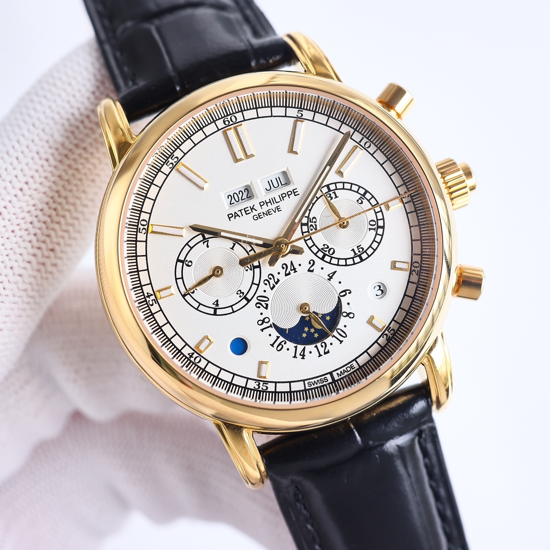 NO:602055,Produced by TW, white case and gold case, TW Factory spends a lot of money to build the Patek Philippe PP super complex function chronograph series!  A work of care, in terms of details, the BR8 1 team spent more than two years carefully designing, regardless of cost, daring to be the first, striving for perfection, overcoming many difficulties, and breaking through multi-layered technical bottlenecks. The movement model is CH 29-upgraded version, hollowed out and exquisite, and the quality is stable!  2 size 41 mm, the hour and minute hands have super luminous effect!  3 The watch case is made of 316L all-steel nano-plated platinum watch technology, which highlights the noble atmosphere, and the strap is matched with Italian first-layer calfskin!  It is more elegant and classy 4: The plywood is decorated with fish scale pattern, and the plywood is decorated with Geneva ripples. The surface of the plywood is gold-plated and engraving, the screw grooves are polished and chamfered, and the drill holes are also polished. 5: In terms of functions of the clock surface, the circle on the left is the day of the week, the one on the right is the calendar, the bottom is 24 hours, the left side of the upper window displays the year, and the right is the month. It is fully functional and practical. Patek Philippe is simple but not simple.  The quality of the actual shooting is the same!  You deserve it!  For the best luxury gift recommendations, please look for TW’s exclusive quality, patek philippe, cowhide19860909TW 出品 白壳 金壳 TW Factory 重金打造 百达翡丽 PP 超级复杂功能计时系列！用心之作,细节方面BR8 1团队历时两年多精心设计,不计成本,敢为人先,力求完美,克服重重难关,突破多层技术瓶颈,机芯型号为CH 29- 升级版,镂空精致坨片,质量稳定！ 2尺寸41毫米,时针分钟都具有超强夜光效果！ 3表壳为316L全钢镀纳米铂金表技术,更彰显高贵大气,表带搭配意大利头层小牛皮！更显大气上档次 4:夹板饰以鱼鳞纹,而夹板则缀以日内瓦波纹,夹板表面有包金雕刻,螺丝凹槽经打磨和倒角,连钻孔亦同样经打磨处理. 5:钟表面功能方面,左边圆圈为星期,右边的则是日历,最下方即为24小时,上方窗口左边显示年份,右边的是月份,功能齐全又实用 百达翡丽（Patek Philippe） 简约而不简单 实物拍摄品质如一！ 你值得拥有！送礼最佳奢华推荐请认准TW独家品质,,patek philippe,cowhide,Watch