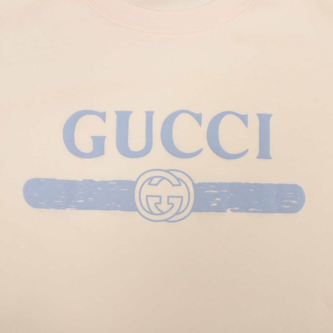 160 GUCCI/古驰 蓝色双G立体胶印印花情侣款短袖T恤