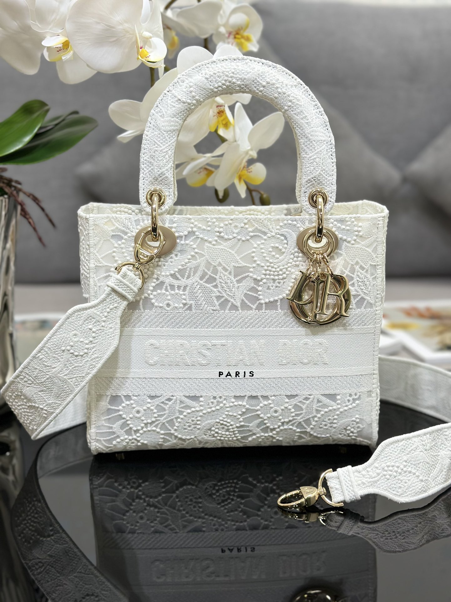 Dior Bags Handbags Gold White Embroidery Lace Lady