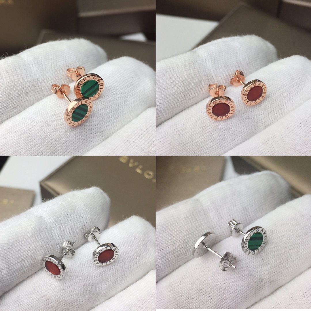 P75💥BVLGARI宝格丽红玛瑙/孔雀石耳钉 👉🏻玫瑰金💋原版一致9mm直径 男女均可佩戴 💫亚金材质+925银针防过敏 镶嵌红玛瑙/孔雀石[转圈]独家实拍 图片可见工艺p