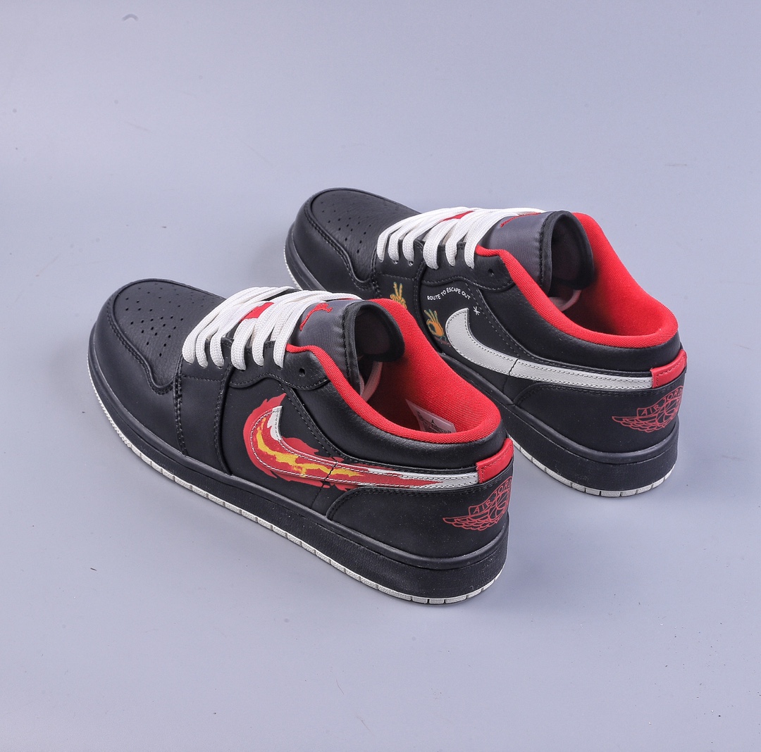 200 Air Jordan 1 Low 黑红色 黄红火焰勾 篮球鞋 FJ7073-010