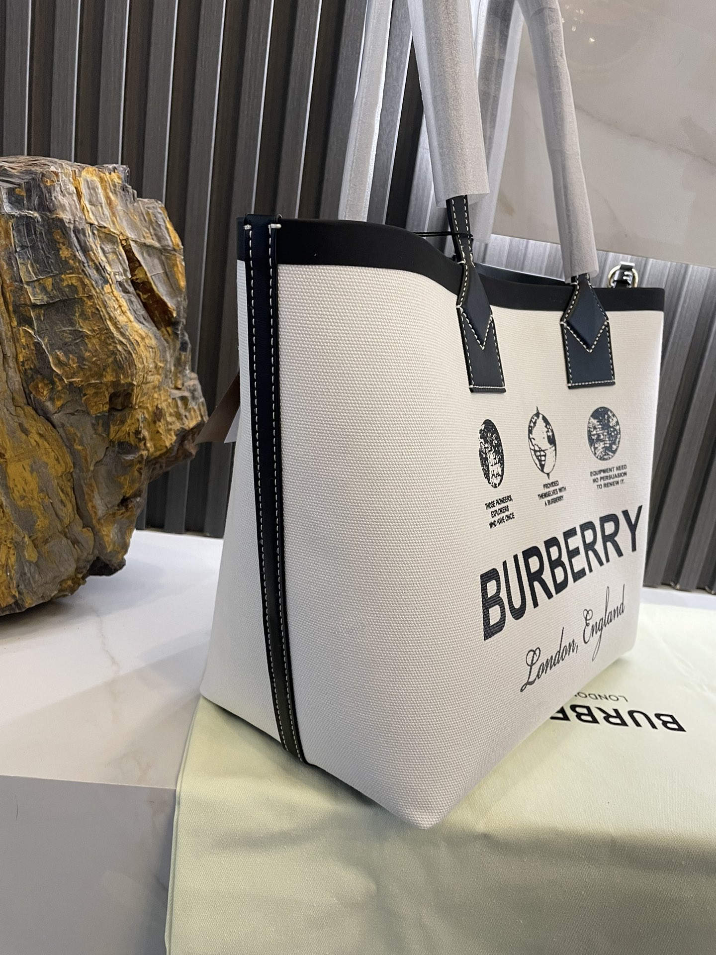 Burberry Label Print Cotton Canvas and Leather Tote - Comprehensive 4