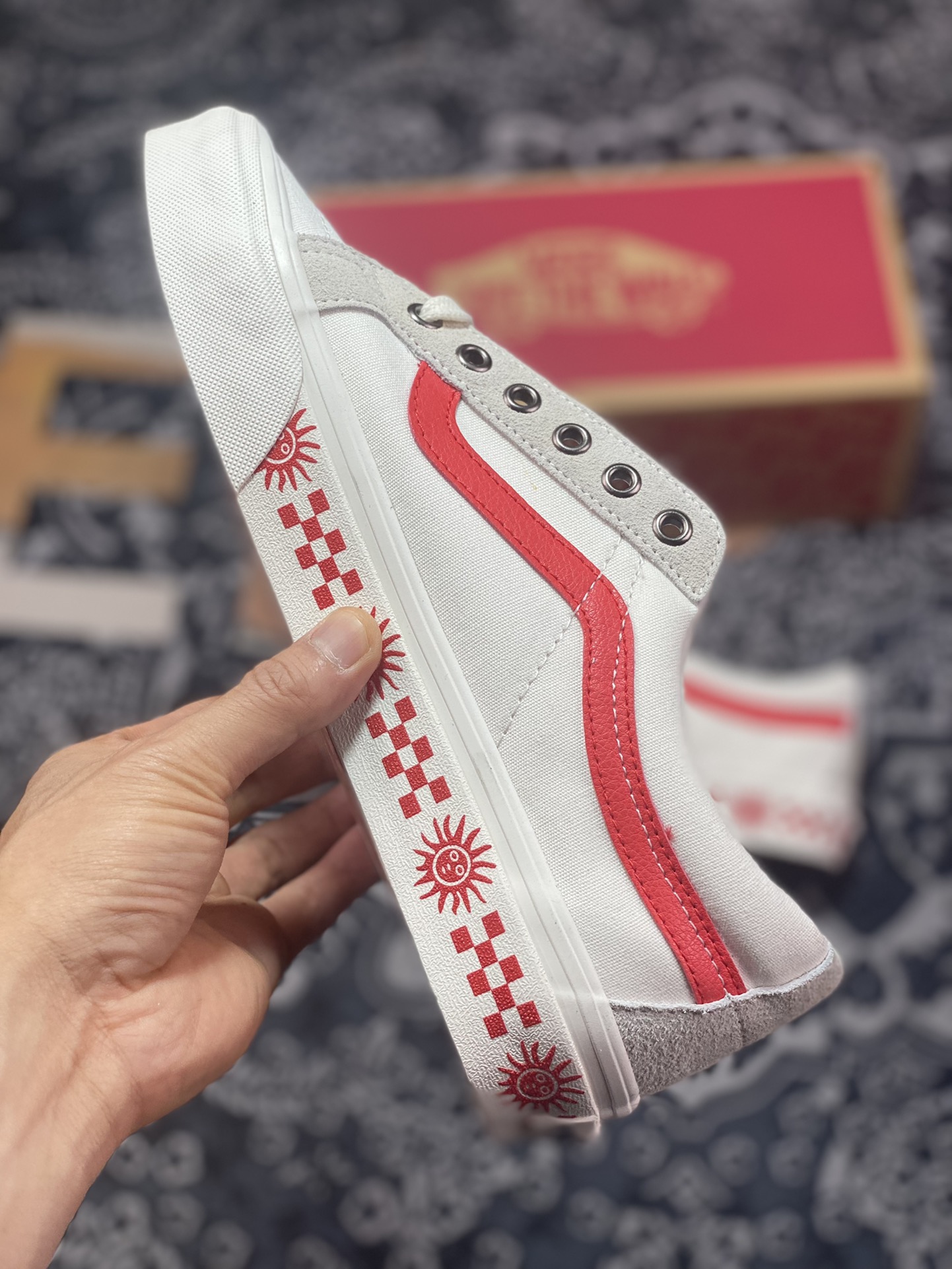 Vans Sk8-Low Reissue SF White and Red Sun Checkerboard Print Canvas Skateboard Shoes VN0A4UWIB80