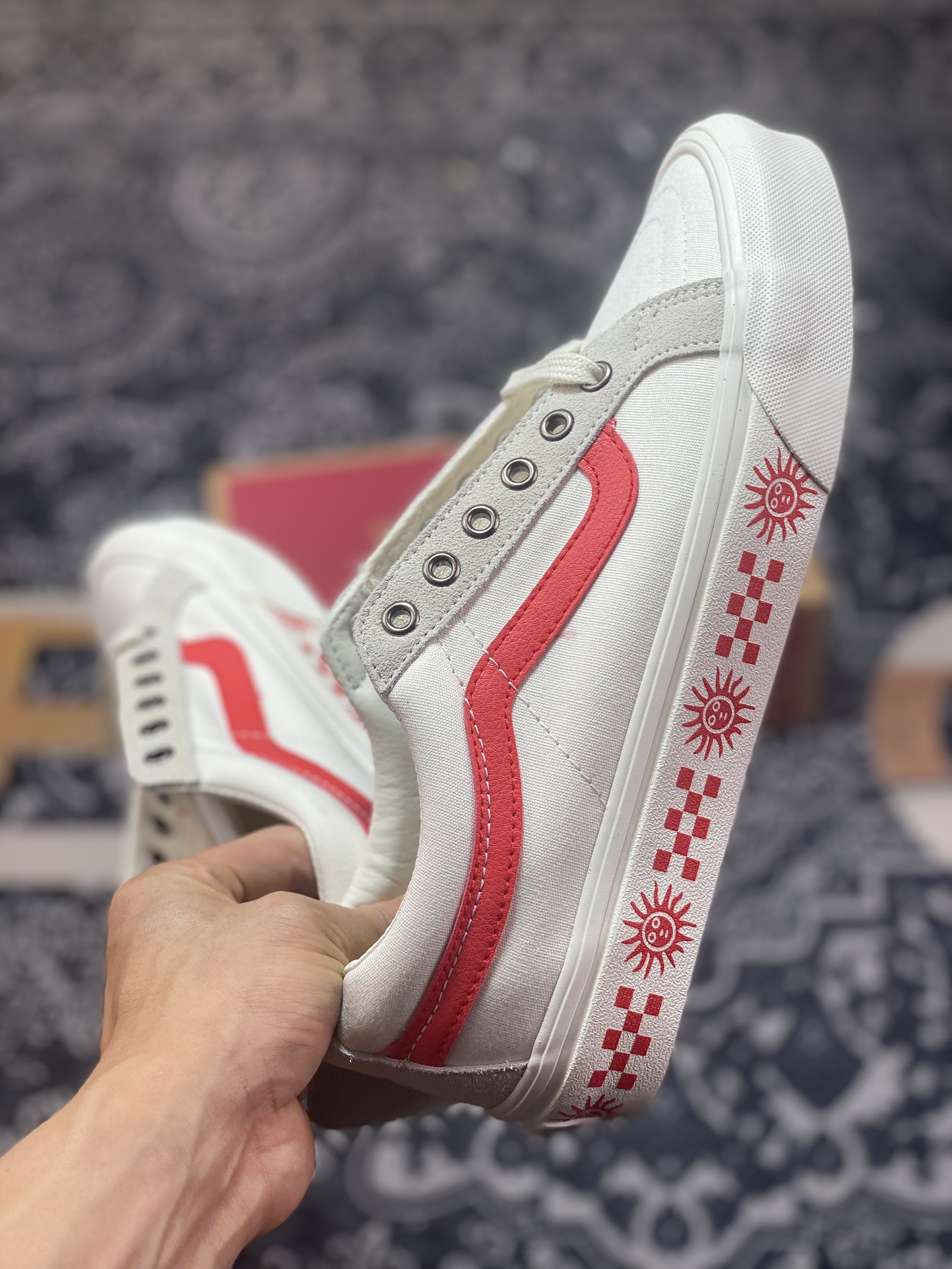 Vans Sk8-Low Reissue SF White and Red Sun Checkerboard Print Canvas Skateboard Shoes VN0A4UWIB80