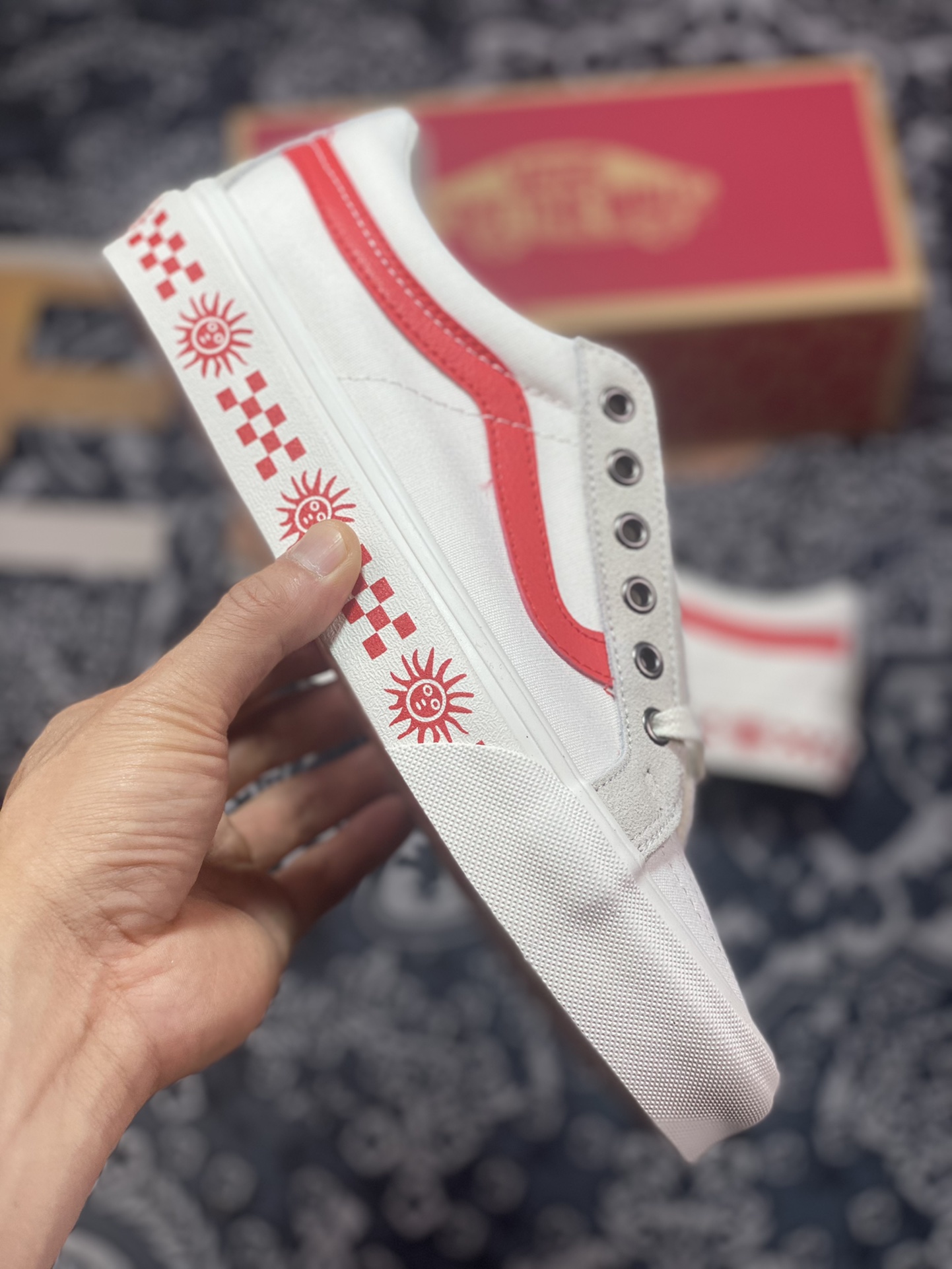 Vans Sk8-Low Reissue SF White and Red Sun Checkerboard Print Canvas Skateboard Shoes VN0A4UWIB80